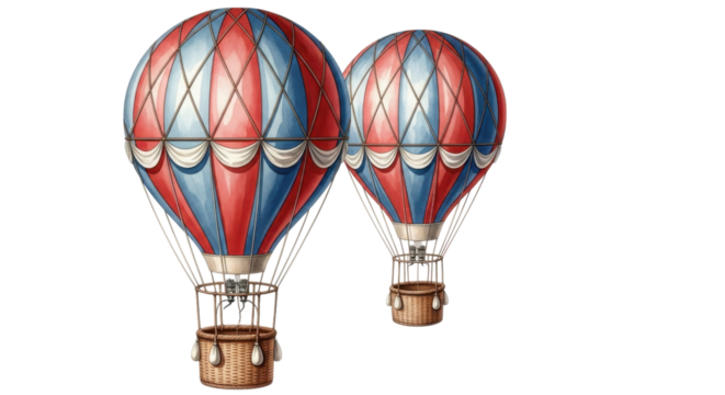 Two Vintage Hot Air Balloons Red Blue White isolated on a transparent background