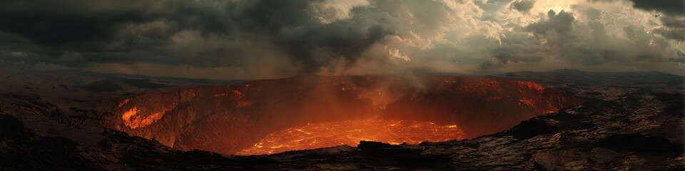 Obraz premium Molten sky above asteroid crater with shattered terrain and steam vents