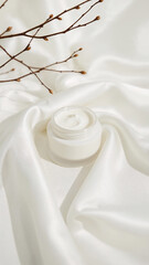 White cream jar on satin with delicate branches satin fabric draped fabric