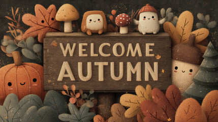 Colorful welcome autumn banner with cute plush toys and festive elements perfect for seasonal campaigns or greeting cards