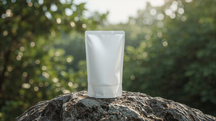 White pouch on rock with blurred green foliage background resealable bag stand up pouch