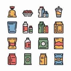 Colorful Collection of Food and Beverage Packaging Icons Including Bags Boxes Cartons and Containers in Various Shapes Sizes and Colors