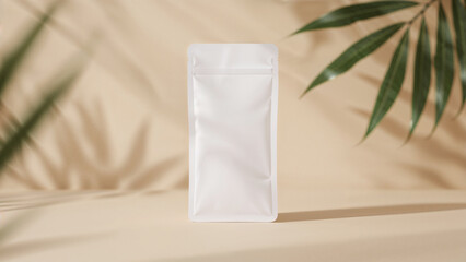 White pouch with green leaves and soft shadows resealable bag zipper closure