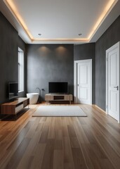 Obraz premium Living room with bathroom and plaster dark gray walls and wooden floor empty room with tv cabinet white door with carpet interior design concept 3d illustration Empty room interior design Ultra
