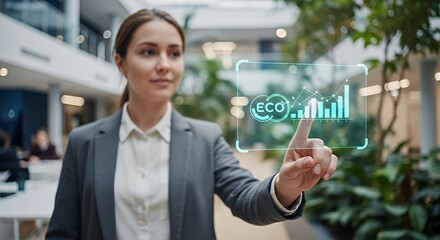 Businesswoman interacting with a holographic ECO graph in a modern office space
