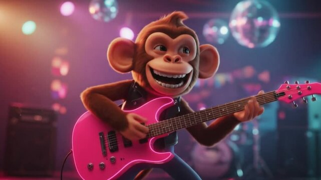 Cheerful monkey playing guitar on stage
