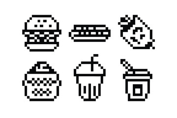 1-bit Food & Drink Pixel Art Icon Set. Monochrome Retro Gaming Symbols. Minimalist 8-bit Style Illustrations