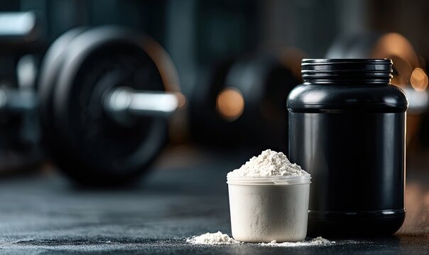 A scoop of protein powder sits beside a large container, with a blurry barbell in the background, suggesting a gym setting