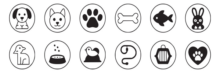 Pet care icons set vector illustration dog cat paw bone fish rabbit bird food leash carrier heart on transparent background