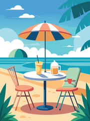Relaxing Beach Scene with Table Chairs Umbrella Drinks Summer Vacation