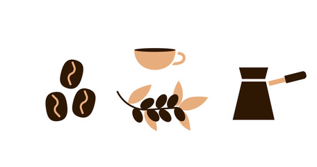 Coffee beans, coffee cup, branch with leaves and cezve pot.