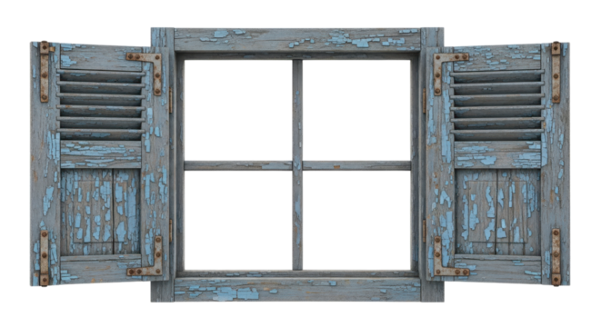 Weathered Blue Wooden Window Shutters isolated on a transparent background antique