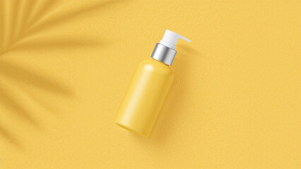 Yellow bottle with silver pump dispenser cosmetic