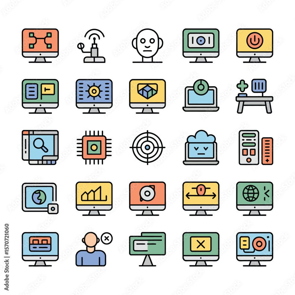 Poster colorful collection of thirty computer and technology icons featuring monitors laptops desktops and 