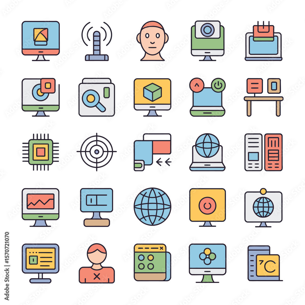 Poster colorful collection of thirty computer and technology icons featuring monitors laptops processors an