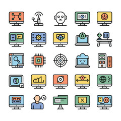 Colorful Collection of Thirty Computer and Technology Icons Featuring Monitors Laptops Desktops and Microchips in Flat Style Design