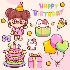 Kawaii Birthday Party Clipart Girl and Cats Celebration Set