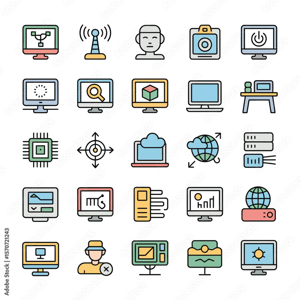 Poster colorful collection of thirty computer and technology icons featuring monitors laptops servers and n