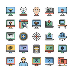 Colorful Collection of Thirty Computer Monitors Icons Featuring Diverse Technology Symbols Including Data Transfer Cloud Computing Graphic Design and More