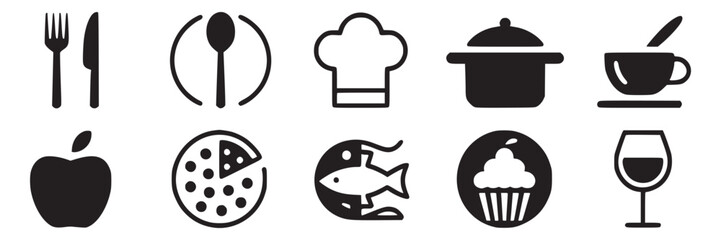 Food and drink icons set vector illustration culinary restaurant menu cooking kitchen chef symbols collection on transparent background