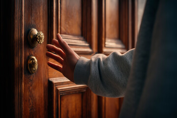 hand close-up holding the handle of a wooden door