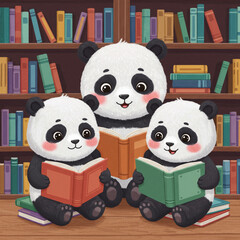 Charming Panda Cubs Delve into Books in a Peaceful School Library, Isolated. 