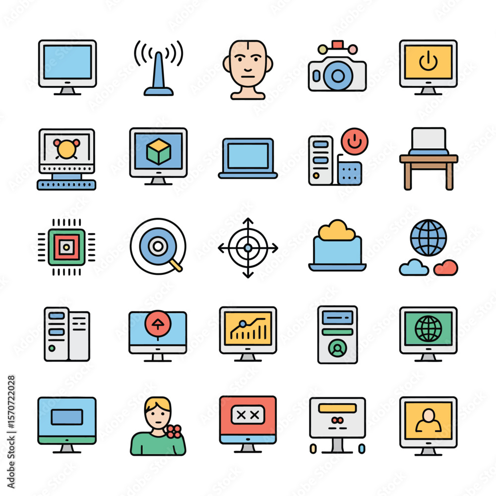 Poster colorful collection of thirty computer technology icons featuring desktops laptops servers and netwo