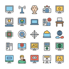 Colorful Collection of Thirty Computer Technology Icons Featuring Desktops Laptops Servers and Networking Symbols Illustrative Style Flat Design