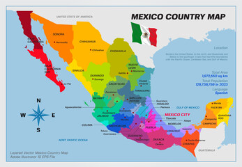 Mexico Map Vector Illustration. Vector map of the United Mexican States drawn with high detail and accuracy. Mexico is divided into provinces which are colored with different bright colors.