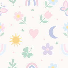 Seamless pastel pattern with cute icons of rainbows, butterflies, sun, moon, hearts, flowers, and clovers. Ideal for kids, nursery, and spring designs.