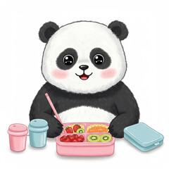 Happy Panda Siblings Sharing Lunch at School, a Cute Children's Illustration.