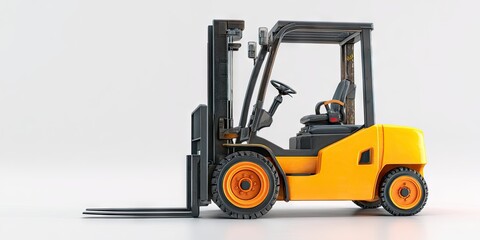 Fototapeta premium A side profile of a yellow and black forklift, isolated on a white background, showcasing its design features and functionality