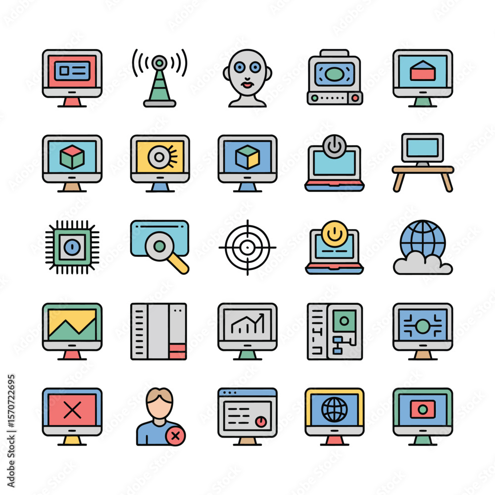 Poster colorful collection of thirty computer technology icons featuring monitors laptops microchips and ne