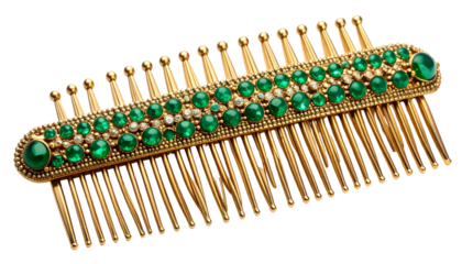 Elegant golden hair comb adorned with vibrant emerald gemstones, showcasing intricate design and luxury isolated on solid white background