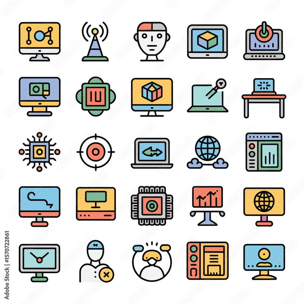 Poster colorful collection of thirty computer technology icons featuring monitors laptops processors and ne