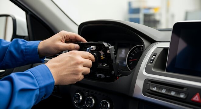 Car Mechanic Installing or Repairing Car Audio System in Vehicle Interior