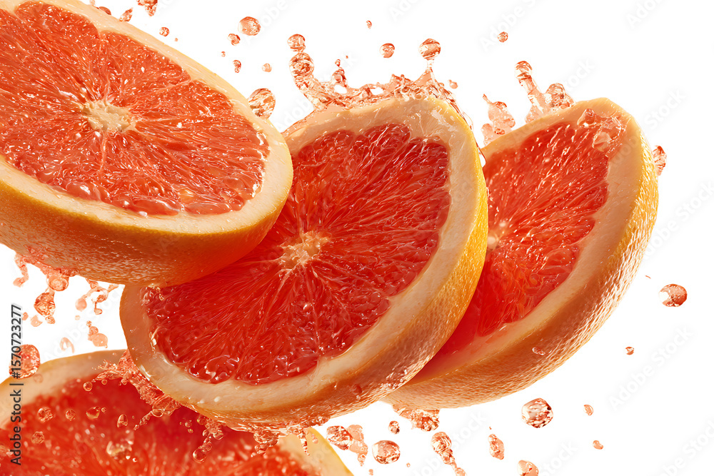 Aufkleber four grapefruit slices with juice drops isolated on transparent background close up