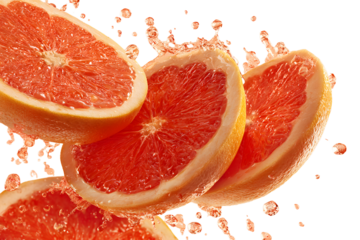 Four grapefruit slices with juice drops isolated on transparent background close up