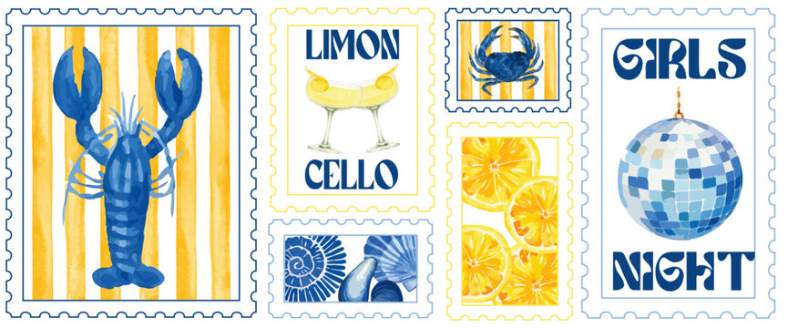 SET OF MEDITERANEAN STAMPS STYLE DOLCE VITA WITH TRENDY WATERCOLOR ILLUSTRATIONS - VINTAGE POSTAGE CLIPART LOBSTER, SEASHELL, LEMON, LIMONCELLO, DISCO BALL