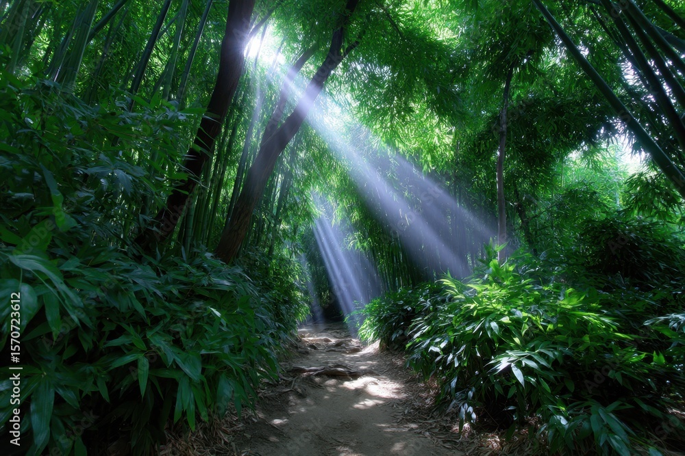 Poster sunlight filters through the bamboo forest creating a serene pathway of light and greenery