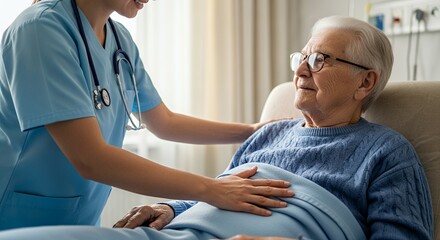 Obraz premium Caring Nurse Tending to Elderly Patient in Hospital Bed