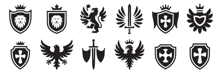 Heraldic shield logo vector set, medieval royal emblem collection, coat of arms design elements symbols on transparent background