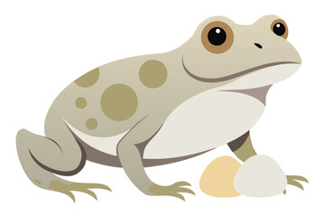 Cartoon frog sitting near light colored eggs on a white background