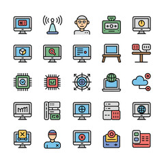 Colorful Collection of Thirty Computer Technology Icons Featuring Monitors Processors Network Servers and User Interface Elements Depicting Data Analysis Cloud Computing and Error Messages