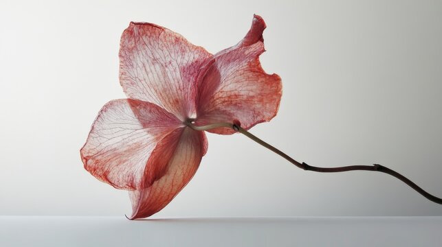 Fototapeta 18.A dramatic depiction of a fallen orchid flower with its stem broken, the soft, intricate petals contrasting vividly against a stark white canvas.