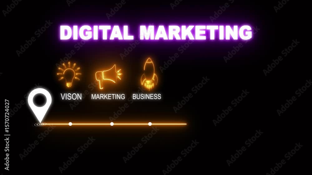 Poster glowing neon digital marketing concept with thin line icons on black background. infographic design.