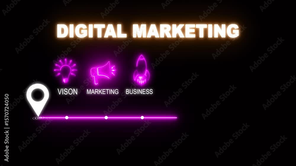 Poster glowing neon digital marketing concept with thin line icons on black background. infographic design.