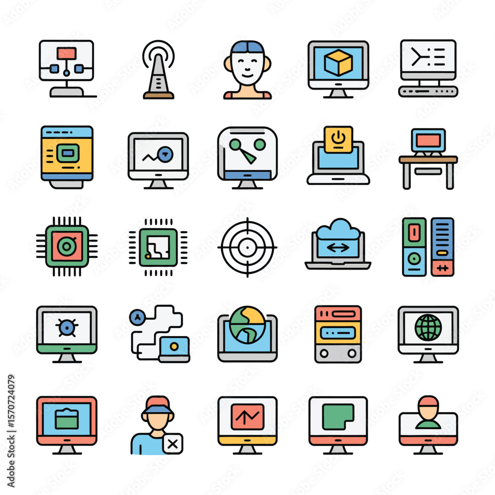 Fototapete colorful collection of thirty computer technology icons featuring network servers microchips laptops