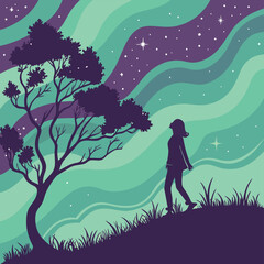 Silhouette of a woman walking toward a tree under a starry sky with aurora borealis illustration