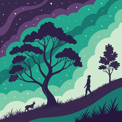 Silhouette of a person walking up a hill at night with trees and a deer under a starry sky view